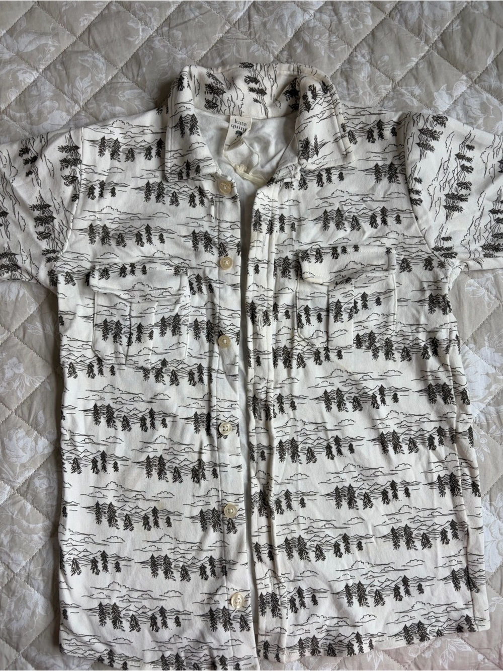 Kids' Short-Sleeve Button-Down Shirt in White with Black Scenic Print